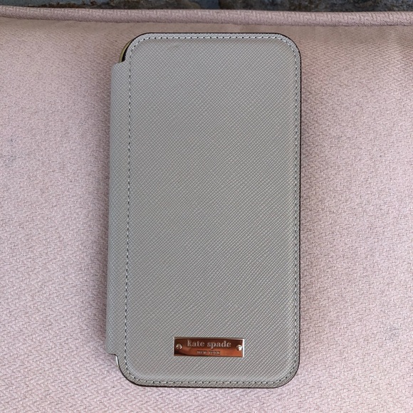 kate spade new york Wrap Folio Tan Grayish Case Gold Logo iPhone XR - Picture 2 of 11